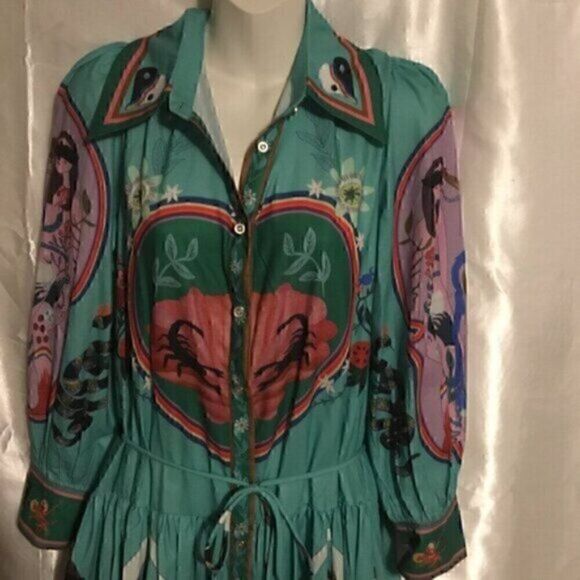 Green Colorful Art Long Balloon Sleeve Collar Button Down Midi Shirt Dress XL - Picture 8 of 16